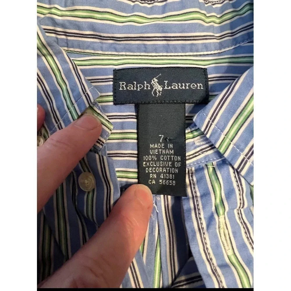 Boys Ralph Lauren blue yellow white striped long‎ sleeve Button Up size 7